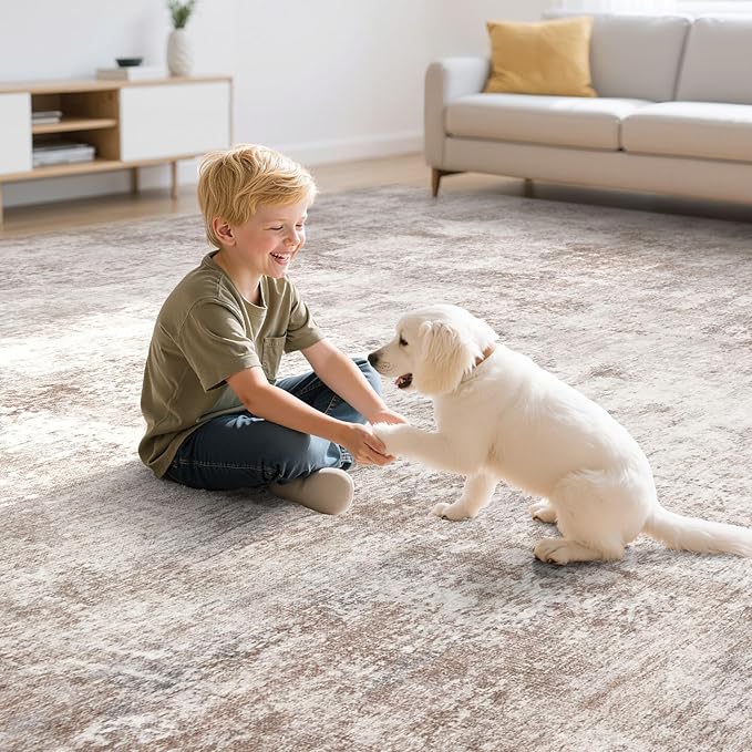Washable 10X14 Area Rug: Modern Abstract Soft Non-Slip Indoor Rugs - Low Pile Stain Resistant Foldable Rug for Living Room Bedroom Dining Room Playroom Office(Brown,10'x14')