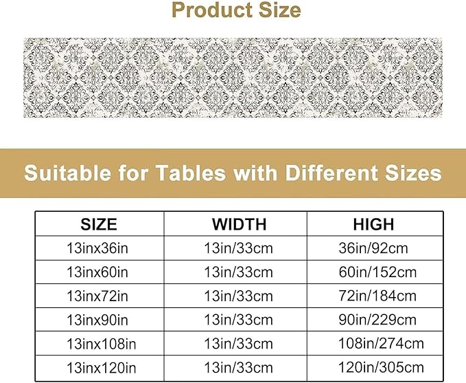 Damask Floral Table Runner, Vintage Black White Royal Floral Antique Gothic Dark Flower Table Runner for Kitchen Dining Weddings Party Decor 13x90in
