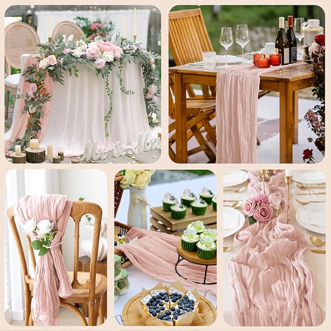 Wokceer Cheesecloth Table Runner Dusty Pink 10FT Boho Gauze Wedding Cheese Cloth Table Runner for Party 120 Inches Long Easter Rustic Sheer Table Runners for Baby Bridal Shower Decor