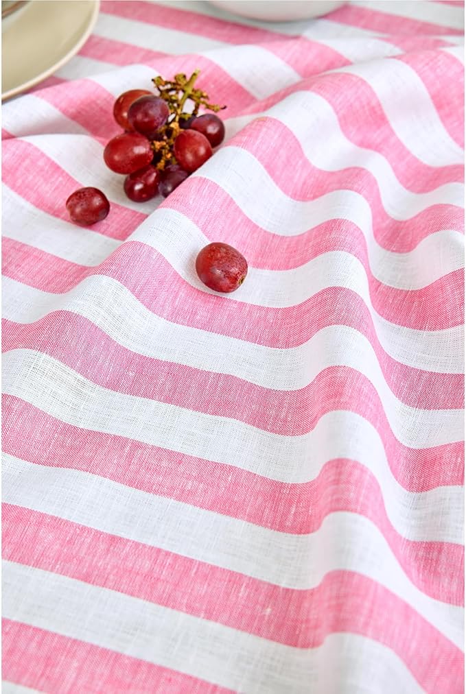 Solino Home Linen Tablecloth 60 x 90 Inch - Sorrento Stripe 100% Pure Linen Chateau Rose and White Table Cloth for Rectangle Tables - Machine Washable Tablecloth