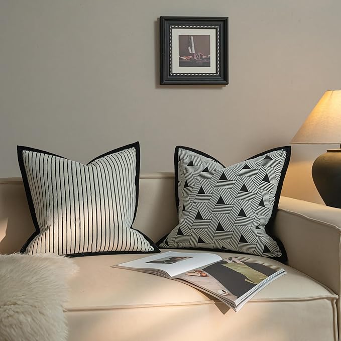 New 20x20'' inches Throw Pillow Cushion Covers - Triangle Black Color Chenille Jacquard Embroidery with Edge Strip Luxury Modern Style Couch Sofa Bed Pillow Cover for Living Room Bedro