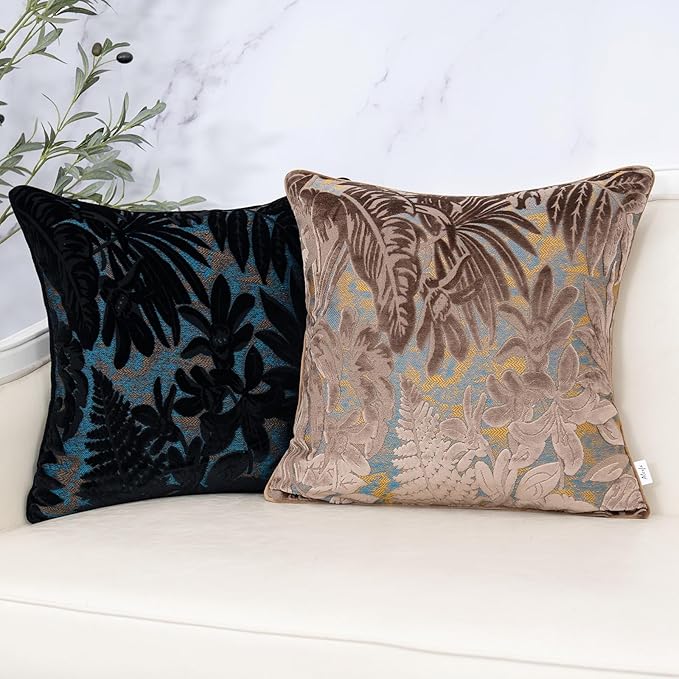 Alerfa Brown Throw Pillow Cover 18x18 Inch, Square Cut Velvet Maple Leaf Embroidery Luxury Farmhosue Accent Decorative Pillow Cover for Couch Living Room Bedroom