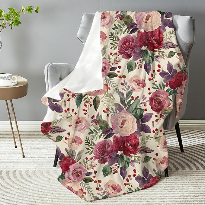 Elegant Rose Floral Blanket, Plush Soft Lightweight Warm Cozy Flannel 50×40 inch Throw Blanket with Vintage Flower Design for Couch, Travel, Bed, Outdoor, Gifts for Women Girls Teens Adults