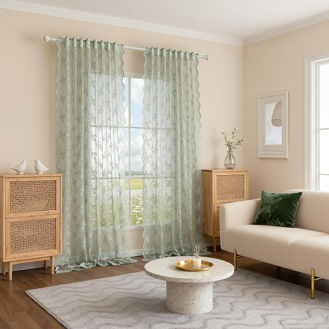 MEETSKY Sage Green Lace Curtains 72 Inch Length Vintage French Floral Patterned Boho Sheer Window Panels Back Tab Rod Pocket Transparent Light Filtering Drapes for Living Room, 50"W Each Panel, Pack-2