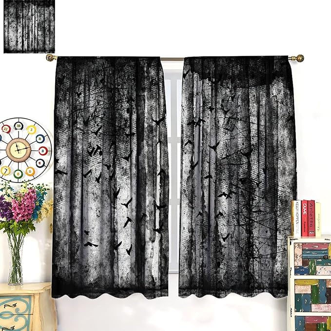 Gothic Halloween Forest Blackout Window Curtains, Forest Spider Webs Halloween Style Scary Print Window Treatments, for Bedroom Living Room 21(W)*45(L) 2 Panels