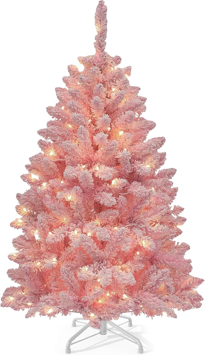YITAHOME 4.5 FT Prelit Pink Flocked Christmas Tree, Pre-Lit Pink Spruce Artificial Christmas Tree with 400 PVC Flocked Tips and 200 Warm-White Lights for Home, Office Decoration
