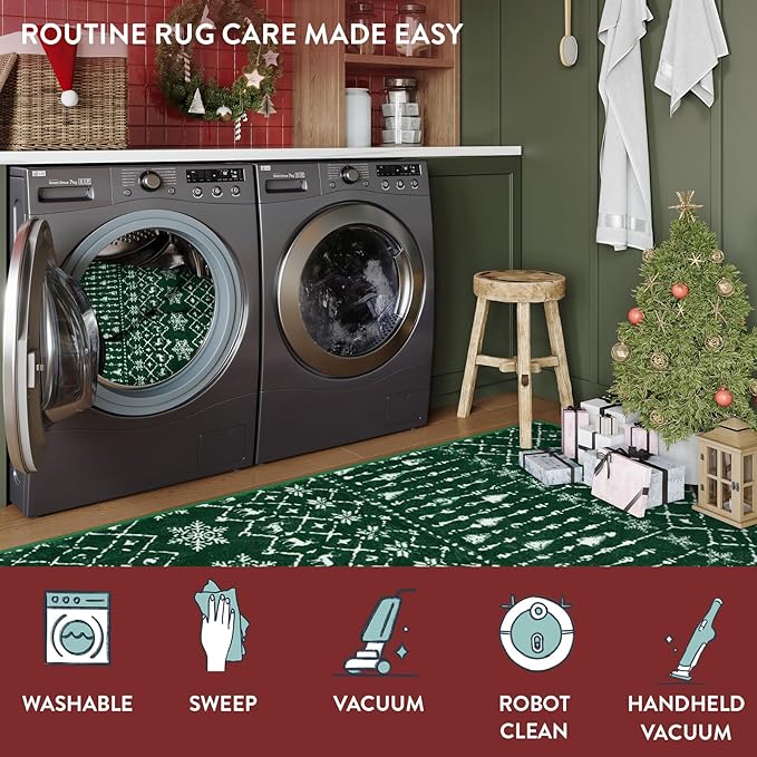Lahome Christmas Runner Rug 2x6 for Hallway Green Non Slip Washable Low Pile Carpet Xmas Snowflake Holiday Decor Throw Rug Runner for Kitchen Entryway Laundry Narrow Porch Space Home Decor