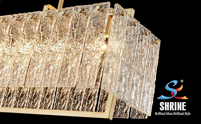 Shrine Lighting Gold Chandeliers, Modern Design, Rectangular Glass Chandelier for Living Space, L30'' × W10'' × H12'', Adjustable 78'', 6 x E12 Sockets, Glass LampShade & Brass Finish Frame
