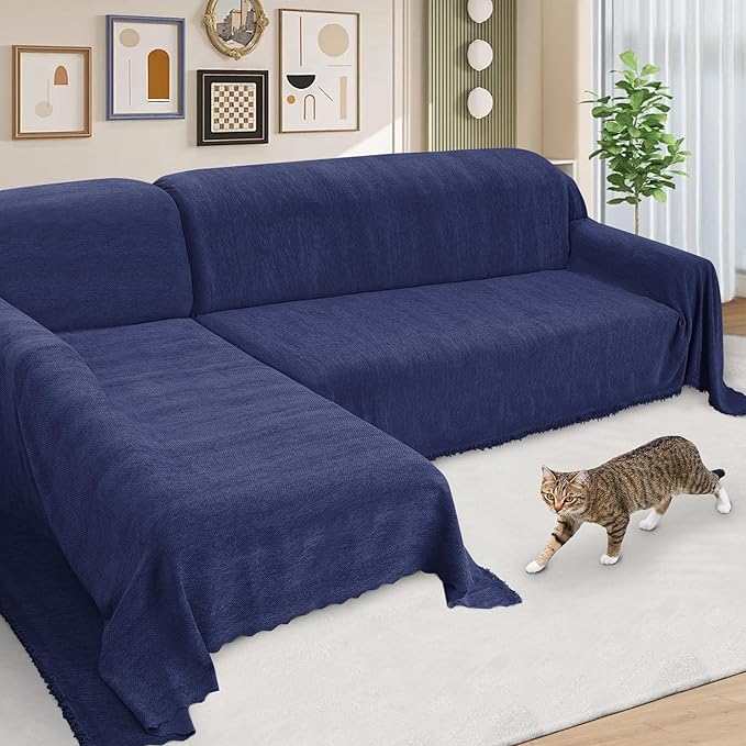 ALIECOM Sectional Couch Covers L Shape Sectional Sofa Cover for Dogs 2 Piece Thick Chenille L Shaped Couch Cover Blanket Chaise Sofa Slipcovers Pet Furniture Protector Washable (X-Large, Navy Blue)