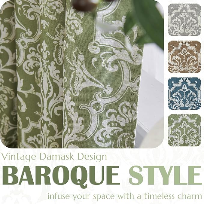 jinchan Room Darkening Curtains for Bedroom Sage Greene Damask Patterned Curtains 108 Inch Length for Living Room Linen Textured Vintage 9FT Long Drapes Window Treatments Grommet Top 2 Panels Set