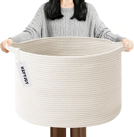 Large Blanket Basket for Organizing,65L Closet Organizers and Storage Bins Box for Shelves Woven Rope Storage Baskets,Living Room,Bedroom,Dorm,Laundry room (White)