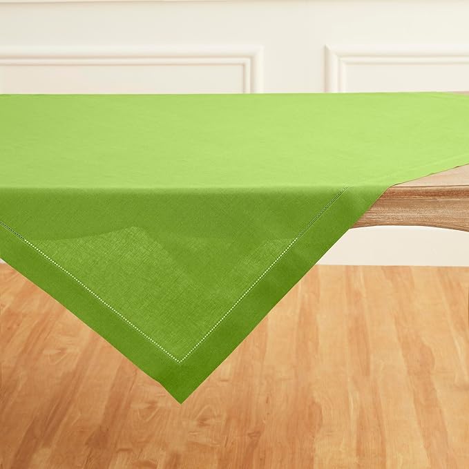 Solino Home Linen Square Tablecloth 52 x 52 Inch - 100% Pure Linen Lime Green Table Throw - Classic Hemstitch, Machine Washable Table Cloth