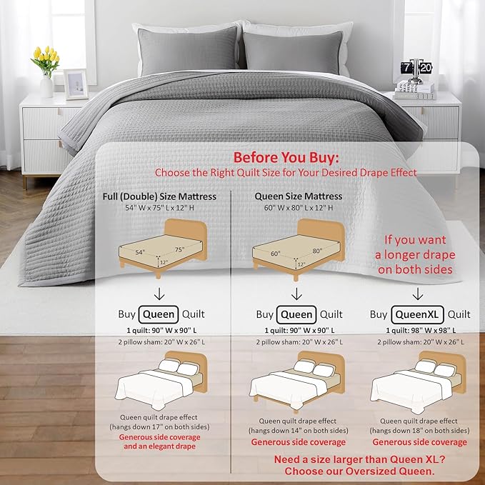 Queen Quilt Set – 90"x90" Soft Washed 3-Layer Lightweight Bedspread with Multi-Lock Quilting, Minimalist Nordic Bedding, All-Season Quilt Set for Spring & Summer (1 Quilt + 2 Pillow Shams), Grey