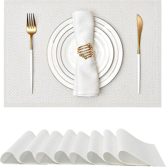 Leetaltree Luxury Crystal White Sequin Placemats Set of 8 - Waterproof Washable for Wedding, Anniversary, Daily Use - Sparkling Table Decor - Hand-Cut