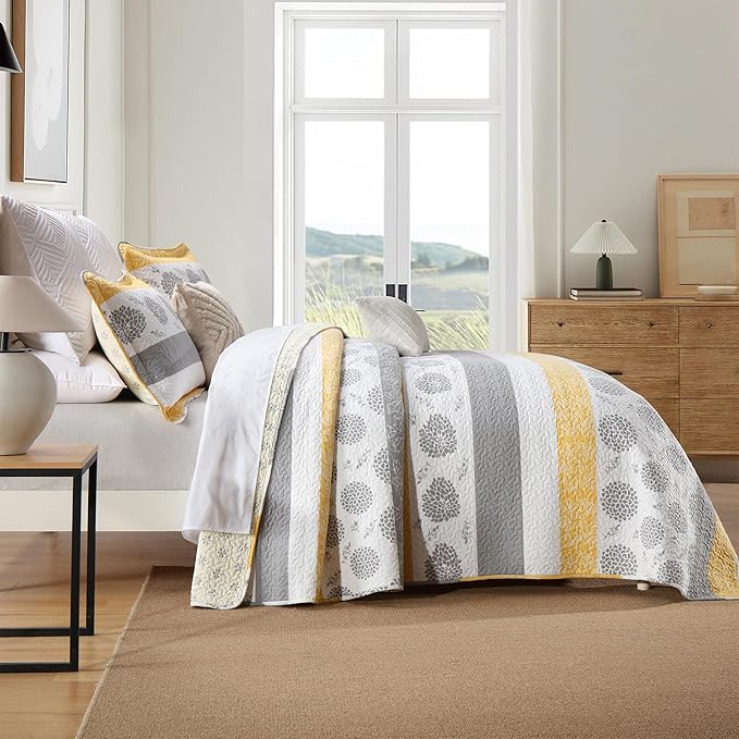 Homzard Quilt King Size-Comforter King Quilt Bedding Set,Yellow Gray White All Cotton Quilted Bedspread,Striped Floral Pattern Comforter Set,Lightweight Paisley 3 Piece,All Seasons