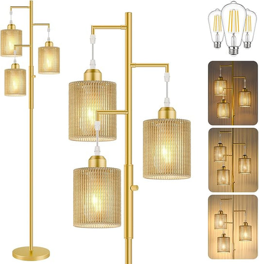 Hotsonic 72" Tall Boho Floor Lamp, Dimmable Standing Lamp with Handcrafted Rattan Beige Shade, Industrial Tree Floor Lamps for Living Room, Bedroom, Study Room, Office(3x800LM LED Bulbs Included)-Gold