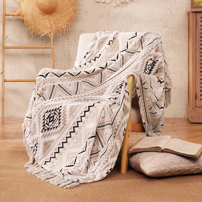 CASAAGUSTO Boho Throw Blanket - Beige and Gray Decorative Blankets with Tassel, Printed Flannel Bohemian Blanket for Chair, Bed, Sofa, Couch(50 * 60, Beige and Gray)