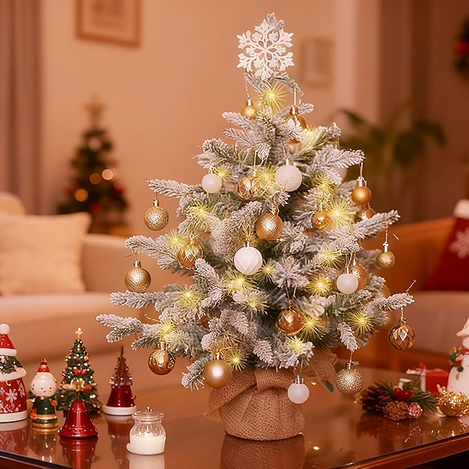 2ft Snow Flocked Prelit Small Christmas Tree Decorations with 35 Dual-Color LED Lights, Lighted Mini White Xmas Tree Artificial for Tabletop Mantle with 157 Tips, Burlap Base,Battery-Operated