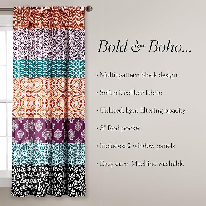 Lush Decor Bohemian Stripe Window Curtain Panels, Pair 52" W x 63" L Fuchsia & Orange - Light Filtering Curtains for Bedroom - Boho Curtains - Maximalist Decor