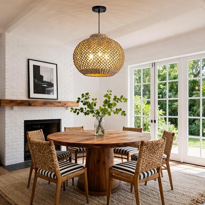 17IN Rustic Farmhouse Pendant Lights, 3-Lights Boho Rattan Hand-Woven Hanging Light Fixture, Natural Seagrass Weaving Ceiling Chandelier for Kitchen Island Entry Living Room Dining Room Bedroom