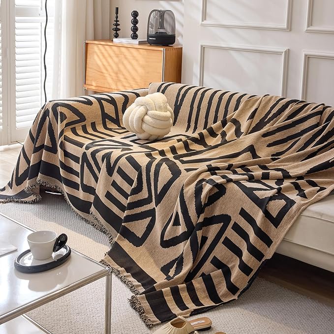 DREAMINGO Boho Couch Cover Washable Chenille Sofa Cover Blanket Light Coffee Black Furniture Protector for Sectional 2 Cushion Couch Reversible Geometric Loveseat Slipcover, Large 71"x118"
