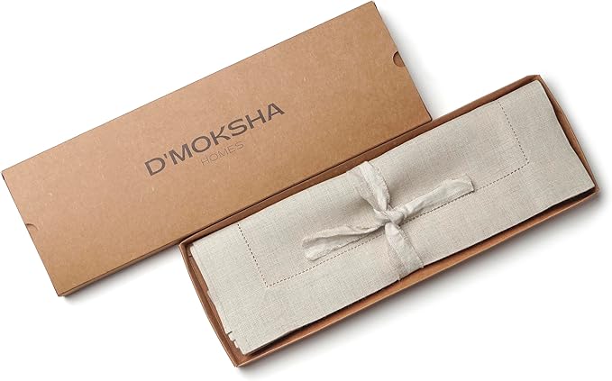 D'Moksha Homes Linen Placemats Set of 6 - Classic Hemstitch Natural Placemats 14 x 19 Inch - 100% Pure Linen Table Mats for Winter, Christmas, Holiday - Handcrafted and Machine Washable