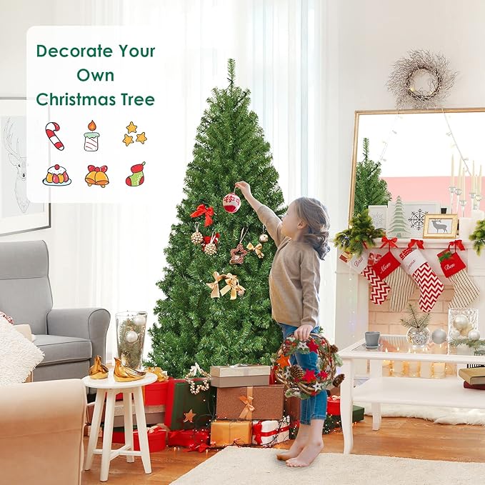 COSTWAY 7 FT Pre-lit Christmas Tree, Artificial Xmas Tree with 500 Warm White & Multicolored Lights, 11 Modes, 1570 Branch Tips, Metal Support, Holiday Decoration Fake Tree for Home, Office, Party