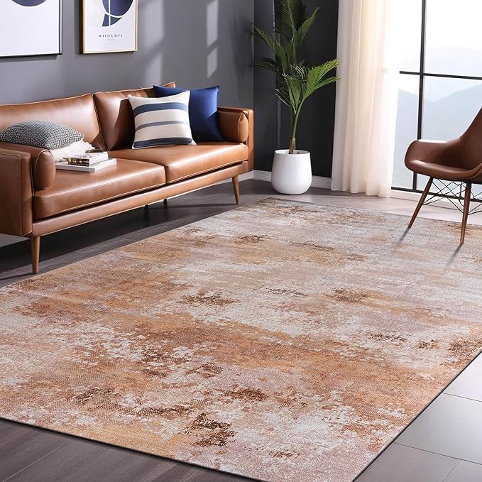Non Slip Rugs 4x6 Modern Abstract Easy Silk Rubber Backing Soft Area Rug for Living Room Easy to Clean Non Shedding Kitchen for Bedroom Indoor Carpet (Beige - Brown, 4x6)