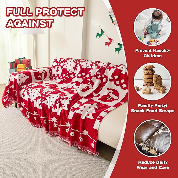 MEETSKY Christmas Couch Cover for Sectional Sofa, Chenille Loveseat Red Sofa Covers Washable for Pet Friendly Snowflake Christmas Tree Decorative Couch Covers, 71" x 102"