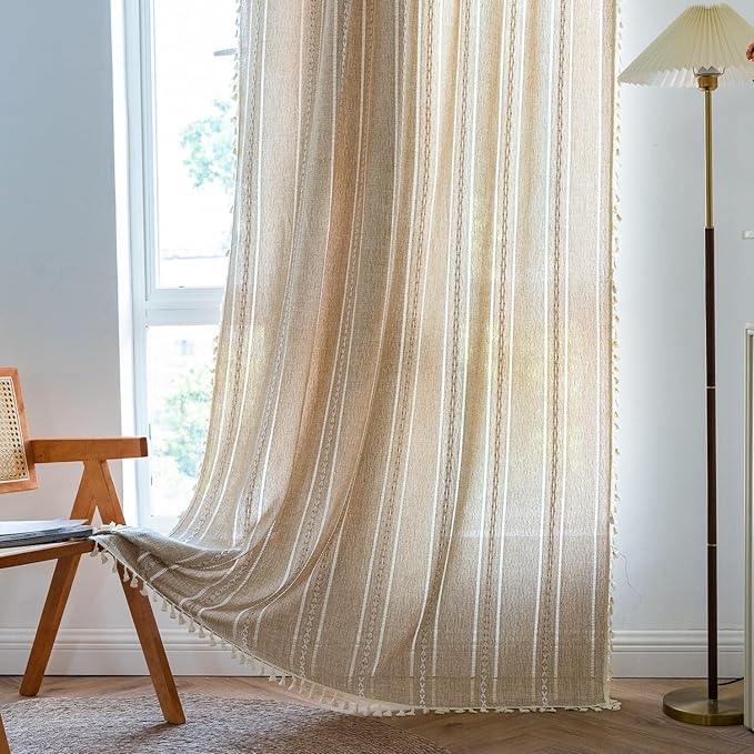 Sutuo Home Boho Curtains for Bedroom Living Room 63 Inch Length, Light Filtering French Country Farmhouse Vintage Shabby Chic Tassels Hollow Window Treatment Bohemian Drape 1 Panel 52"W x 63"L Natural