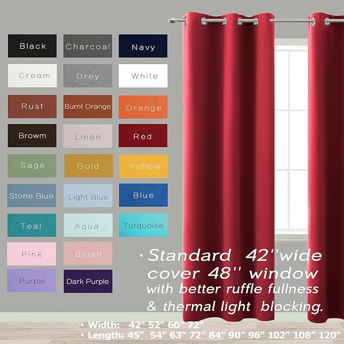 KOUFALL Red Blackout Curtains 72 Inches Long for Living Room,Decorative Christmas Home Movie Theater Curtains for Kids Bedroom