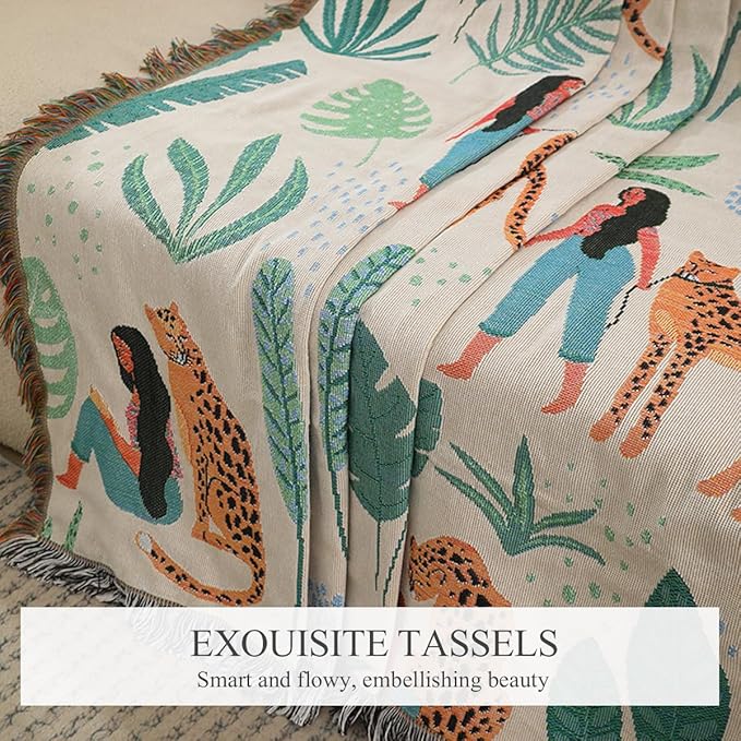 Double-Sided Cotton Woven Throw Blanket with Tassel Jungle Bohemian Style Tapestry Shawl Multi-Function Decorative Throws for Sofa Bed Armchair Camping Blanket Tablecloth Carpet 160x130cm