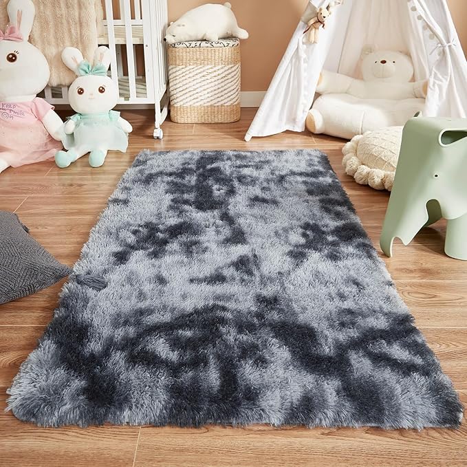 Floralux 3x5 Area Rugs, Tie-Dye Dark Grey, Small Bedside Rug, Fluffy Shag Soft Carpet for Bedroom, Non-Slip Indoor Floor Carpets for Kids Girls and Boys, Preppy Dorms, Nursery
