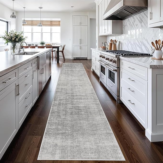 Enkor Runner Rugs for Hallway, 2'7"x13 Washable Soft Non Slip Rugs Abstract for Kitchen, Modern Mat for Entryway Living Room Bedroom Light Grey