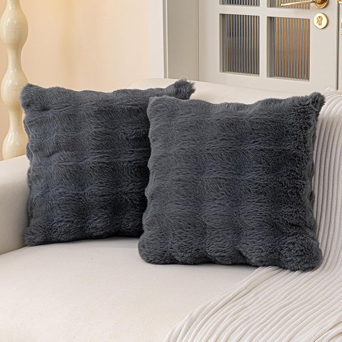 Faux Fur Throw Pillow Covers(Pack of Two, Dark Grey) 20×20 Inch Decorative Pillows Cover Neutral Soft Chenille Couch Pillows with Zipper Aesthetic for Living Room and Bedroom
