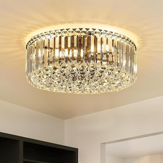 17.3" Black K9 Crystal Raindrop Flush Mount Ceiling Light, Modern Chandelier, Round Luxury Light Fixture for Dining Room, Bedroom, Hallway, Kitchen Island & Living Room