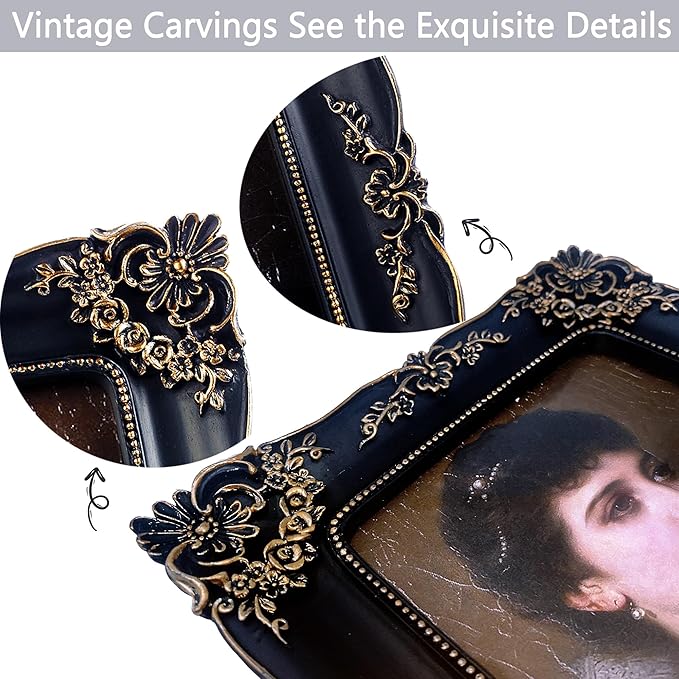 Gothic Picture Frame 5x7 Black Vintage Picture Frames Antique Ornate Baroque Victorian for Tabletop or Wall Display with Glass Front
