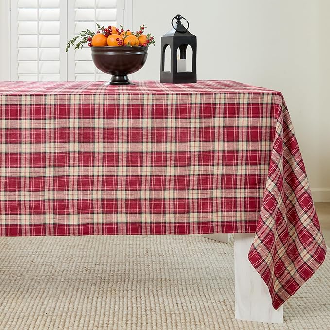 Solino Home Plaid Linen Tablecloth 60 x 90 Inch - 100% Pure Linen Burgundy Tartan Plaid Table Cloth for Rectangle Tables - Machine Washable Tablecloth for Fall, Christmas, Xmas