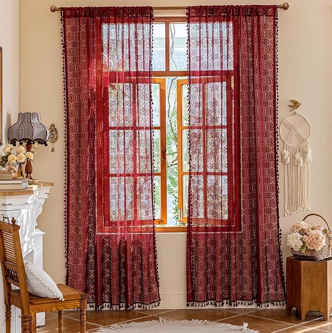 YJ YANJUN Burgundy Sheer Curtains 108 inches Long Set of 2 Vintage Maroon Lace Crochet Curtains for High Ceiling Living Room Rod Pocket Farmhouse Winter Christmas Window Decor 52" W x 108" L Dark Red