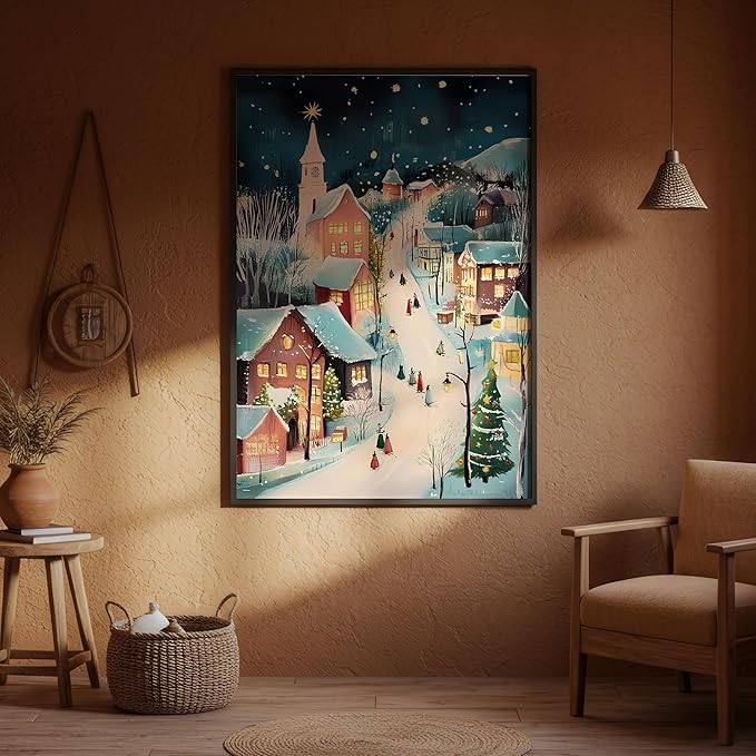 OZCONO Christmas Evening Village Wall Art for Winter Holiday Home Decor, Xmas Print, Cozy Snowy Town Scene Artwork for Seasonal, Warm Lights Winter Street Decoration (Unframed) (9x11)