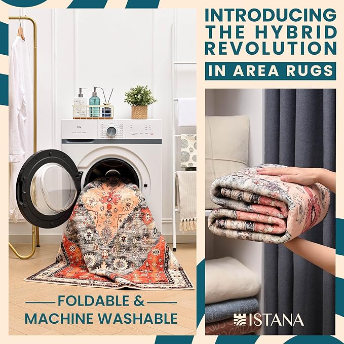 Istana Rugs 3x5 - Red & Teal 3x5 Washable Rug - Kid & Pet Friendly Dining Room Rug for Under Table - Non Shedding Foldable Non Slip Area Rug - Eco-Friendly Materials for Red Teal Rugs