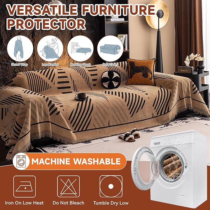 VClife Soft Thick Chenille Couch Cover 1 PC Washable Couch Cover for 3 Cushion Couch Sofa Modern Brown Black Jacquard Sectional Sofa Cover 71"x150"