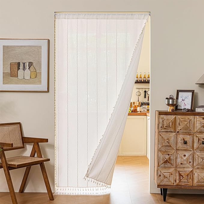 Sutuo Home Door Curtains for Doorway, Light Filtering Curtains Privacy Bohemian Embroidery Drape Decor for Temporary Room Dividers Bedroom Living Room, Rod Pocket 1 Panel 37" W x 80" L, White