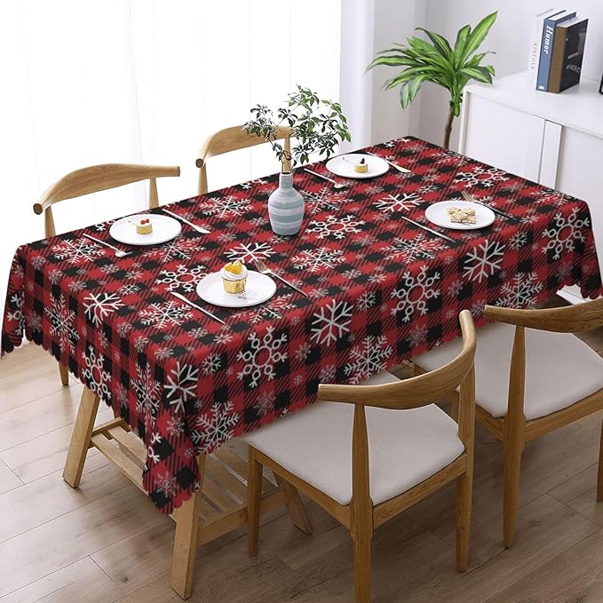 Christmas Plaid Table Cloth for Dining Tables,Reusable Red and Black Buffalo Plaid Snowflake Tablecloths Xmas Decoration Rectangle Table Cover for Winter Holiday,Kitchen,Party,54x72In
