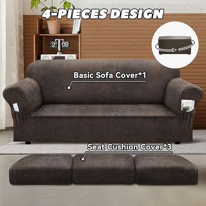 Sofa Slipcover with Armrest Pockets 4-Piece Set, Stretch Faux Leather Couch Cover for 3-Cushion Couches(Fits 72-92") - Non-Slip, Machine Washable, Pet & Kid Friendly - Light Brown