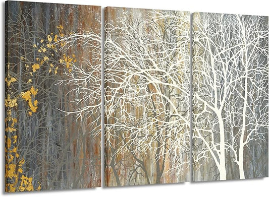 Yihui Arts Brown Canvas Wall Art - Tree Couples Paintings with Gold Foil - 3 Panels Abstract Forest Pictures for Farmhouse Bedroom Bathroom Living Room Decor