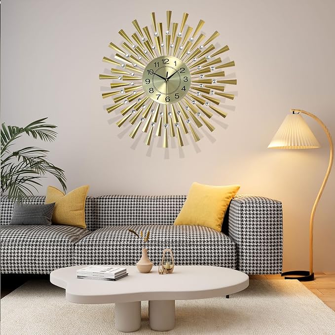 Large Wall Clocks for Living Room Decor Modern Gold Silent Wall Clock Battery Operated Non-Ticking for Bedroom Kitchen Office Home Decorative 24 Inch Retro Crystal Clocks Wall Decor for House