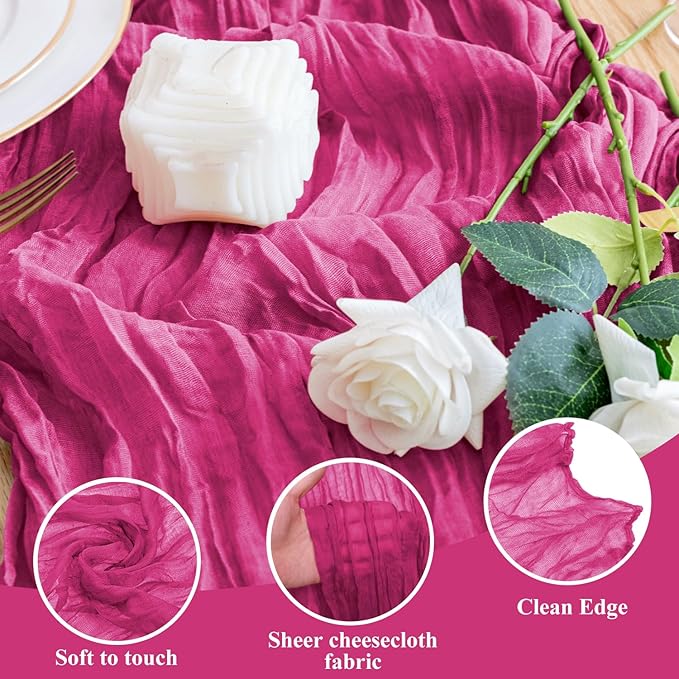Wokceer Cheesecloth Table Runner 12Pack 10FT Fuchsia Boho Gauze Cheese Cloth Table Runner for Party Long Rustic Sheer Table Runners for Baby Bridal Shower Wedding Easter Table Decor