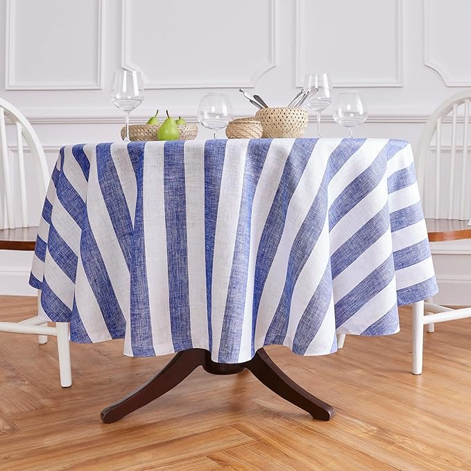 Solino Home Linen 60 Inch Round Tablecloth - Cabana Stripe, 100% Pure Linen Navy and White Round Tablecloth - Machine Washable Table Cloth for Fall, Autumn, Thanksgiving, Winter