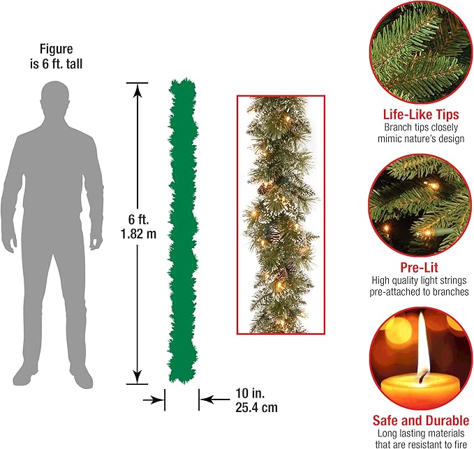 National Tree Company Pre-Lit Artificial Christmas Garland, Green, Glittery Bristle Pine, White Lights, Decorated with Pine Cones, Battery Operated, Christmas Collection, 6 Feet